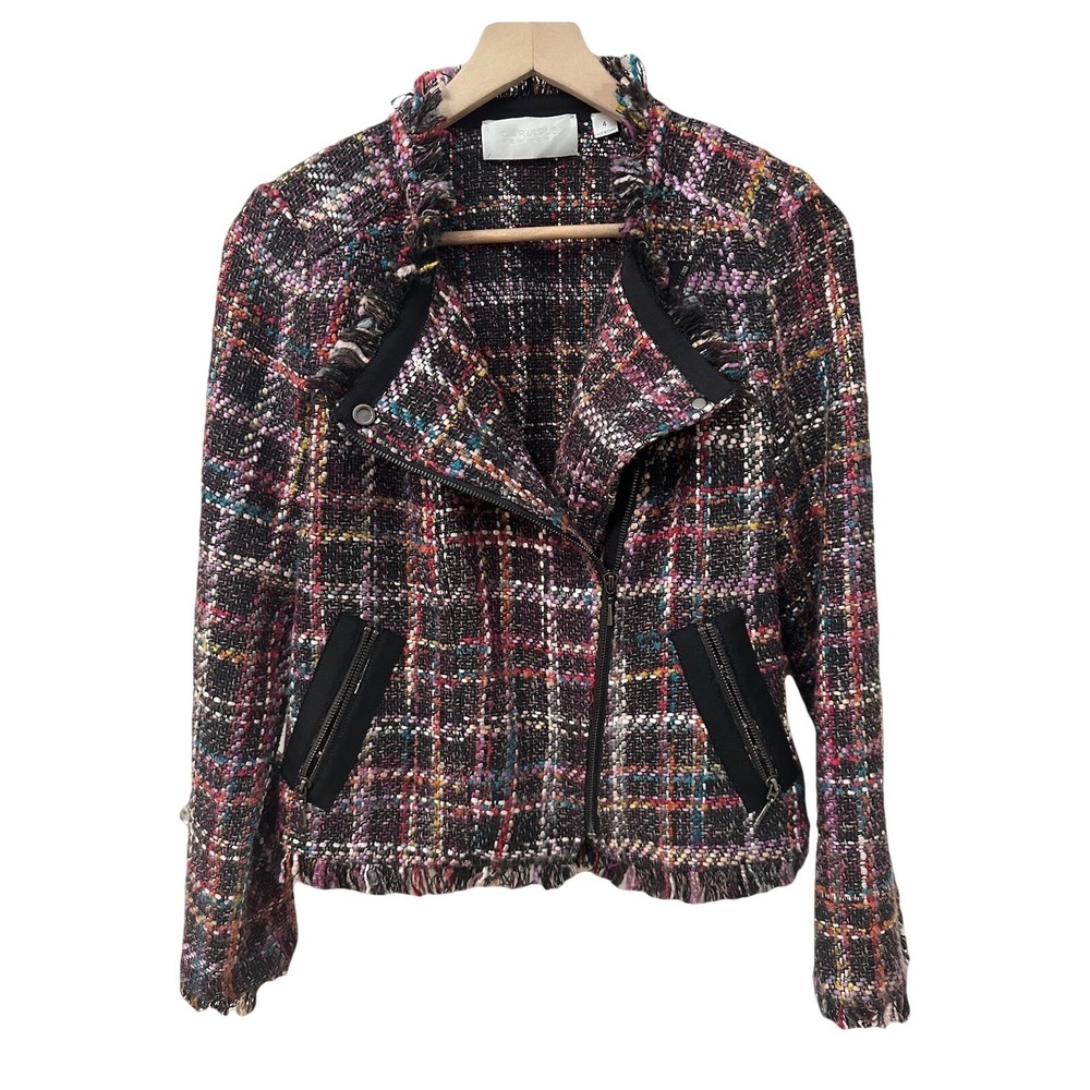 Carlisle New York Moto Jacket 4 Multicolor Tweed Plaid Fringe Zip Front 738